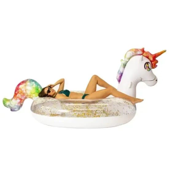 PoolCandy Gigantic Rainbow Unicorn Glitter Pool Raft Ultra Durable Sun Tan Fun Great For Pools, Lakes, And More image {6}