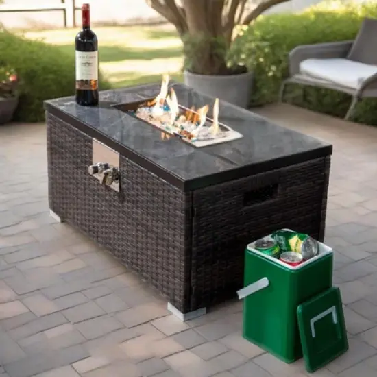 32" Propane Gas Fire Pit Table, 50000 BTU Rectangular Fire Pit, Tile Tabletop with Beautiful Wicker Base for Outside Patio Deck Garden Courtyard-Brown image {9}