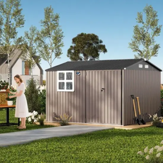 6x8 FT Outdoor Metal Storage Shed, Large Lockable Garden Tool Shed with Updated Frame Structure, Utility Tool Storage House for Backyard image {3}