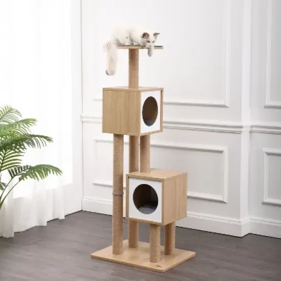 Sawyer 3-Tier Minimalist Jute Cat Tree Condo with Scratching posts, and Fuzzy Toy image {5}