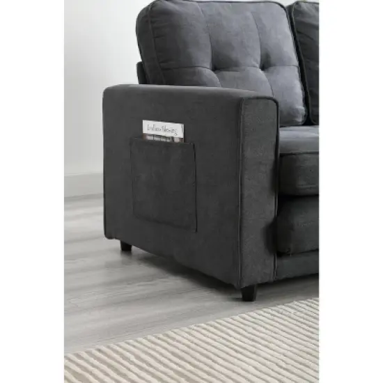 MYINDA Futon Sofa Bed, Convertible Loveseat Sleeper with Pull Out Sofa with Side Pockets Living Room, Bedroom, Dark Gray image {4}