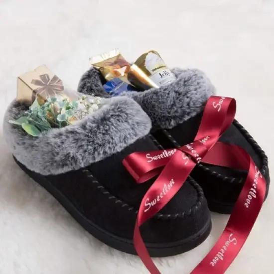 RockDove Women's Faux Fur Collar Moc Toe Slide Slipper image {4}