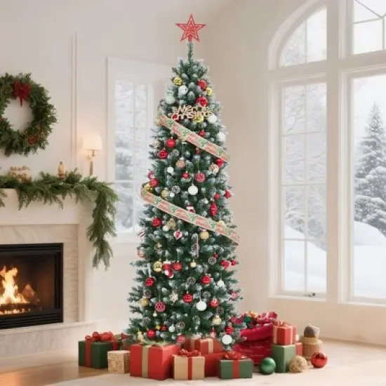 Pre-Lit Slim Christmas Tree with Warm White Lights, Pine Cones & Metal Stand &mdash; Weather-Resistant PVC Tips, 6/7.5/9/12 ft image {1}