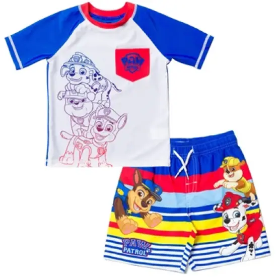 Paw Patrol Rubble Marshall Chase Pullover Rash Guard and Swim Trunks Outfit Set Little Kid image {8}