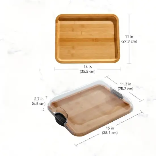 Attop Build-A-Board Bamboo Cutting Board with Single Storage Compartment, Clear Locking Lid, Black Handles image {6}