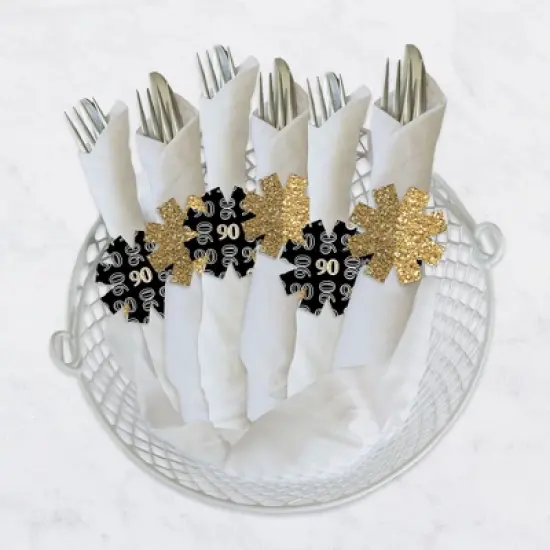 Big Dot of Happiness Adult 90th Birthday - Gold - Birthday Party Paper Napkin Holder - Napkin Rings - Set of 24 image {2}