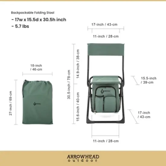 Arrowhead Outdoor Multi-Function 3-in-1 Compact Camp Chair: Backpack, Stool & Insulated Cooler, w/Bottle Holder & Storage Bag, Hiking (Forest Green) image {5}
