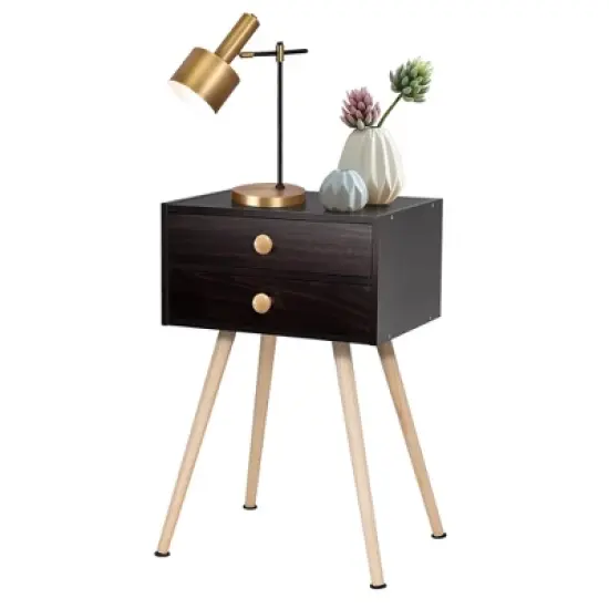 Costway 2 PCS Mid Century Modern 2 Drawers Nightstand Sofa Side Table End Table Espresso image {9}
