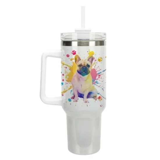 100 North 40 Ounce Stainless Steel Double Wall Insulated Glitter Travel Tumbler With Handle, Straw, and Lid, French Bulldog White image {5}