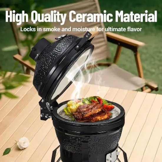 Acekool 13" Ceramic Charcoal Grill - Portable Egg-Style Cooker with Stand, Stainless Grate & Heat Deflectors for Outdoor BBQ & Baking image {3}