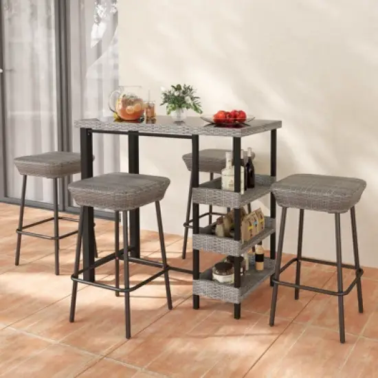 Costway 43.5" Outdoor Bar Table with Tempered Glass Top & 3 Rattan Shelves Storage image {3}