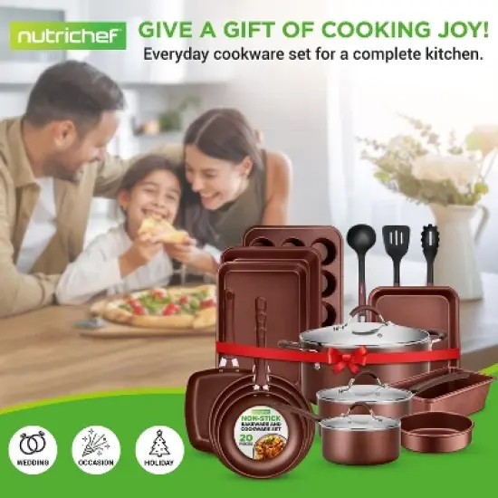 NutriChef 20-Pc. Nonstick Kitchen PTFE/PFOA/PFOS-Free Heat Resistant Silicone Handles Cookware Bakeware Set w/Saucepan, Brown image {7}