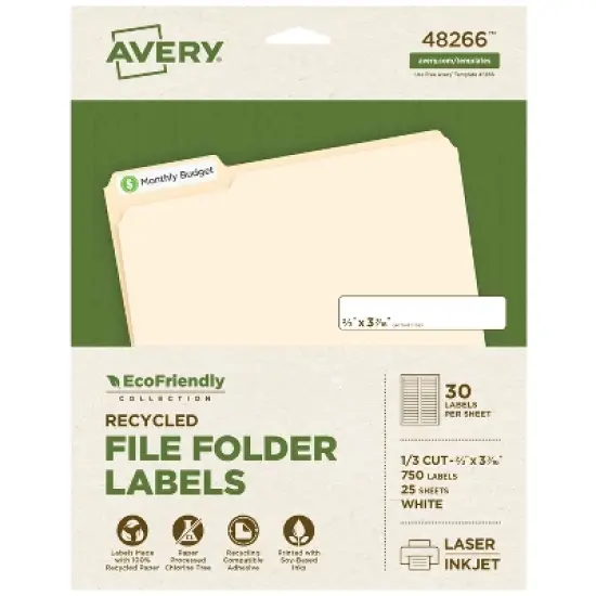Avery EcoFriendly Recycled File Folder Labels, 2/3" x 3-7/16", White, Permanent Label Adhesive, 750 Printable Labels (48266) image {8}