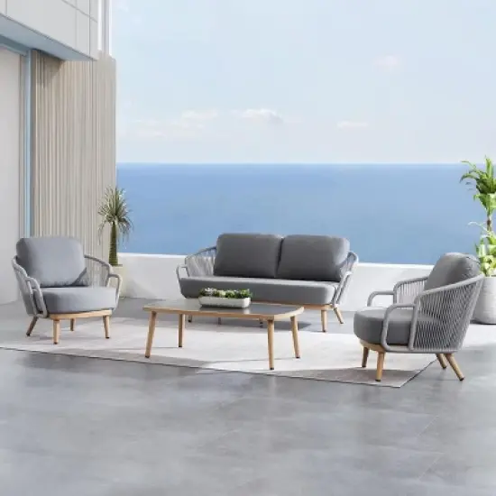 Woven Accent Outdoor Sofa Set 3Seater + Textured Wood Frame Lounge Chairs & Rectangular Table image {5}