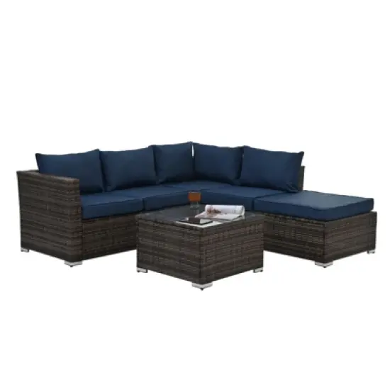 GlasFlength 3PCS Patio Seating Rattan Furniture Set Sectional Sofa Cushioned Garden, Tempered Glass Table, Blue, 51.1"*27.5"*25.62" image {3}