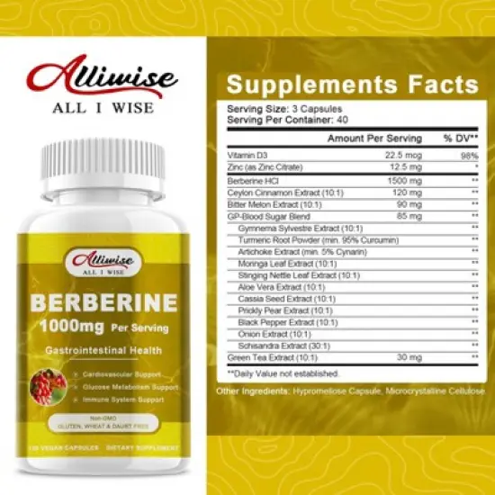 Alliwise Berberine HCL 1000mg Supplement with Ceylon Cinnamon, Support Gastrointestinal Health, 120 Capsules image {1}