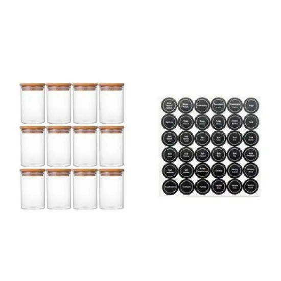 12 Pcs Round Spice Jars with Bamboo Lids and Stickers, Glass Storage Jars, Candy Jars, Coffee Jars, Salt Jars, Pepper Jars, Tea Jars image {1}