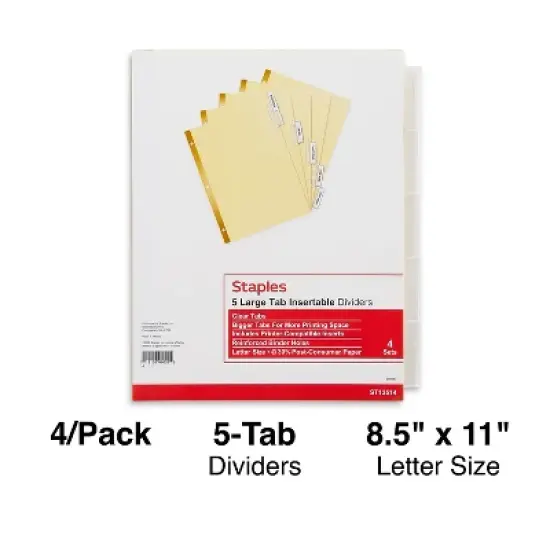 Staples Big Tab Blank Paper Dividers 5-Tab Clear 4/Pack (13514/14480)  image {5}