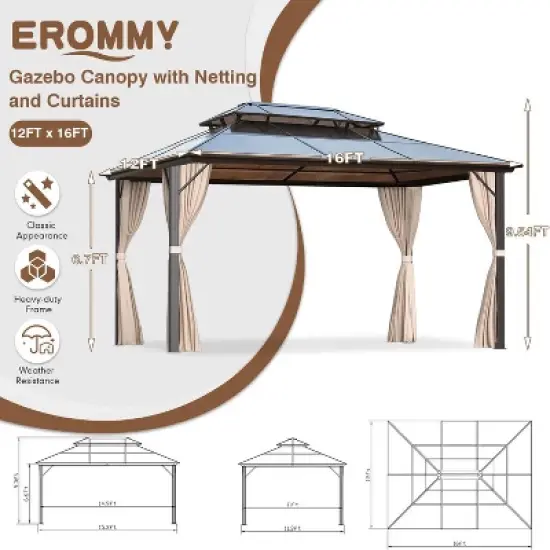 EROMMY 12 FT X 16 FT Aluminum Patio Gazebo image {7}