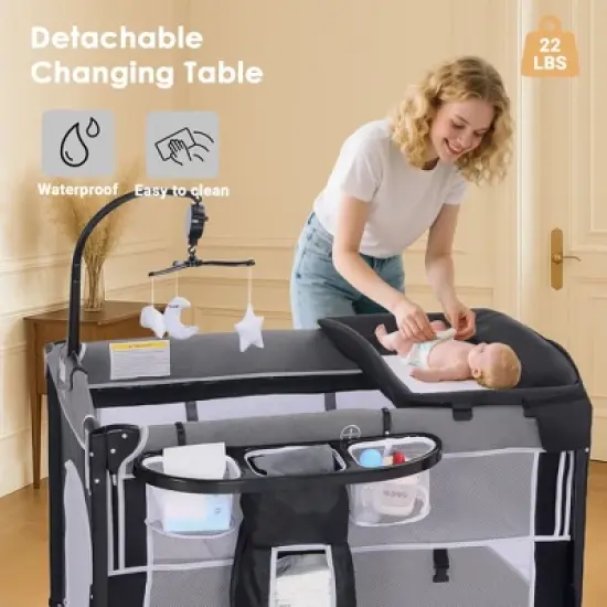 Kinder King 4-in-1 Portable Nursery Center and Bedside Crib with Bassinet, Changing Table, Storage Basket, Side Zipper & Travel Bag image {6}