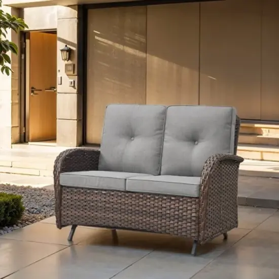 POCASSY 49.5" Wide Outdoor Glider Loveseat, All Weather Brown Wicker Rattan Patio Loveseat Glider for Porch Deck Garden image {1}