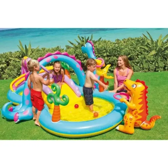 Intex 11ft x 7.5ft x 44in Dinoland Inflatable Kiddie Swimming Pool with Slide, Dino Arch Water Sprayer and Games for Ages 2+ image {2}