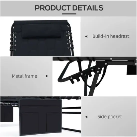 TIRAMISUBEST 5-Position Reclining Chaise Lounge Set - Outdoor Folding Chair with Padded Seat, Headrest & Side Pocket (Black) image {5}