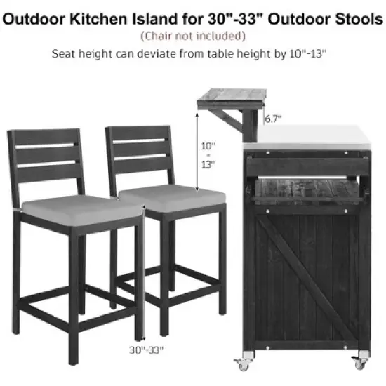 Whisen Outdoor Solid Wood Kitchen Island with Raised Shelf, Storage Cabinet with Stainless Steel Top, Internal Storage Rack image {10}