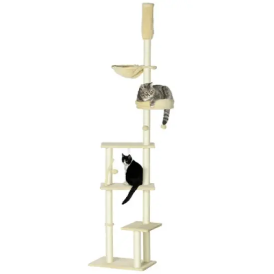 YOOCOZZ PawHut Floor to Ceiling Cat Tree, 90.5" - 98.5" Adjustable Height, with Carpeted Platforms, Bed, Hammock, Scratching Posts and Toy Balls-Beige image {1}