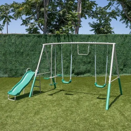 The Swing Company Yonkers Metal Swing Set with Glide Ride Trapeze Bar and 5' Slide image {1}