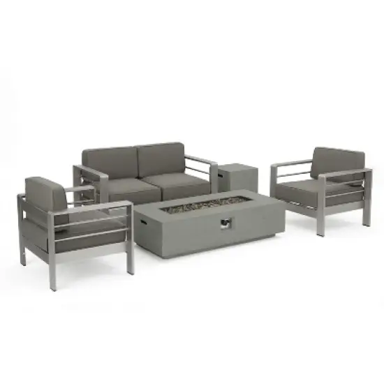 GDFStudio Crested Bay Outdoor Aluminum 4 Seater Chat Set with Light Gray Fire Pit image {13}