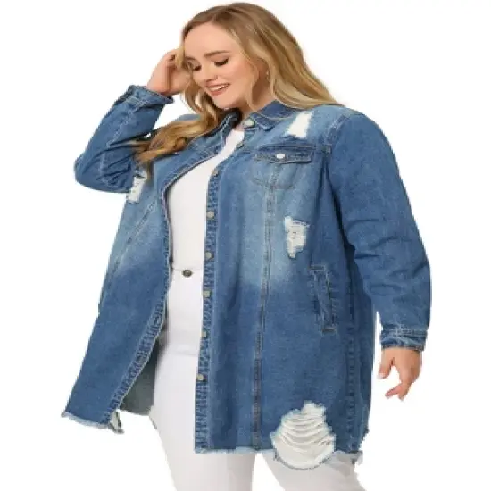 Agnes Orinda Women's Plus Size Classic Jean Distressed Fray Hem Trucker Denim Jackets image {2}