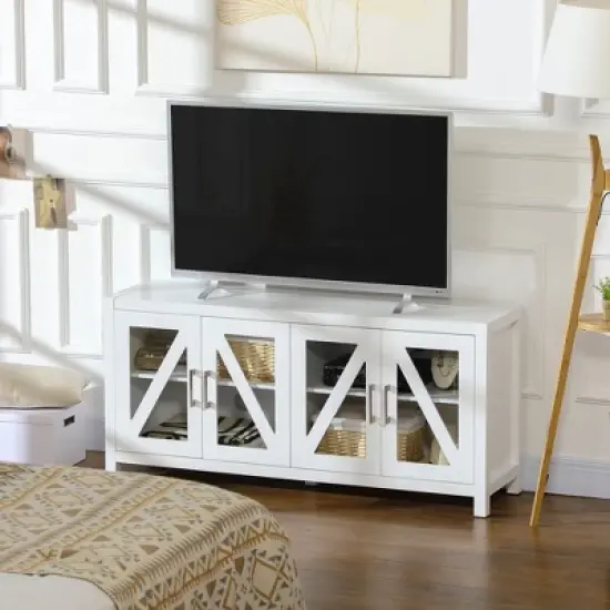 HOMCOM TV Cabinet Stand for TVs up to 58", Entertainment Center with Adjustable Shelves, 4 Glass Doors and 4 Cable Holes for Living Room, White image {4}