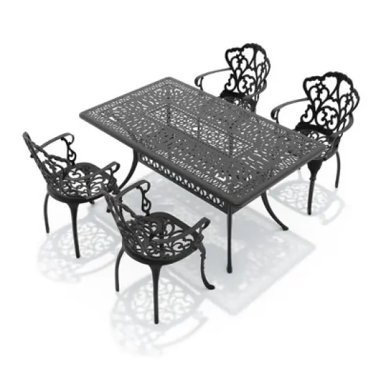 5-Piece Patio Dining Set - All-Weather Cast Aluminum w/ Beige Cushions, Umbrella Hole & Adjustable Feet for Balcony, Backyard image {2}