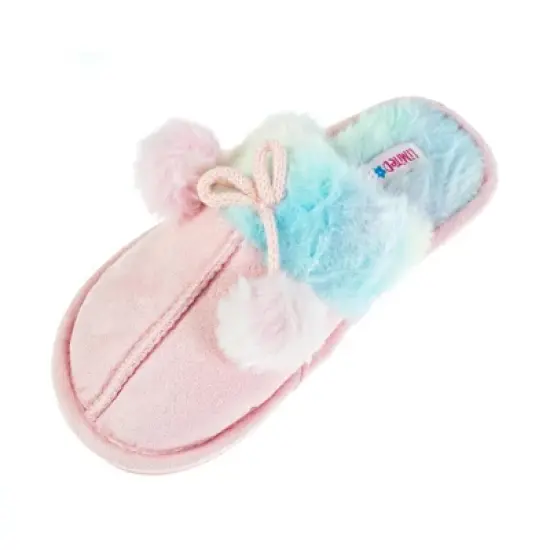 Limited Too Girl's House Slippers in Pink with Pom Poms and Colorful Fuzzy Footbed image {4}