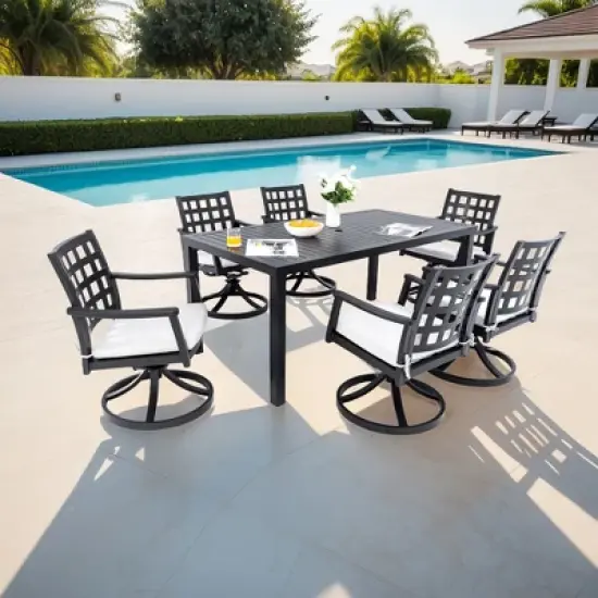 UNISOAR 7PC Outdoor Patio Dining Set with 6 Swivel Rock Dining Chairs image {8}