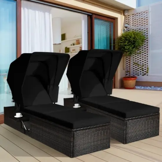 Tangkula Set of 2 Rattan Patio Chaise Lounge Chair W/ Adjustable Canopy Black Cushion image {1}