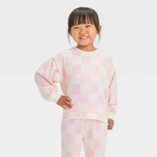 Grayson Mini Toddler Girls' Checkered French Terry Puff Sleeve Crewneck Sweatshirt - Pink image {3}