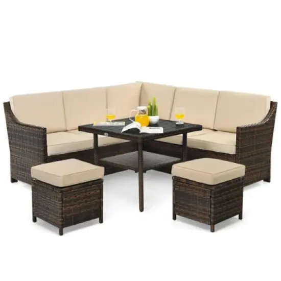 Tangkula 6PCS Patio Rattan Furniture Set All-Weather Sectional Cushioned Sofa Ottoman Dining Table Lower Shelf image {4}