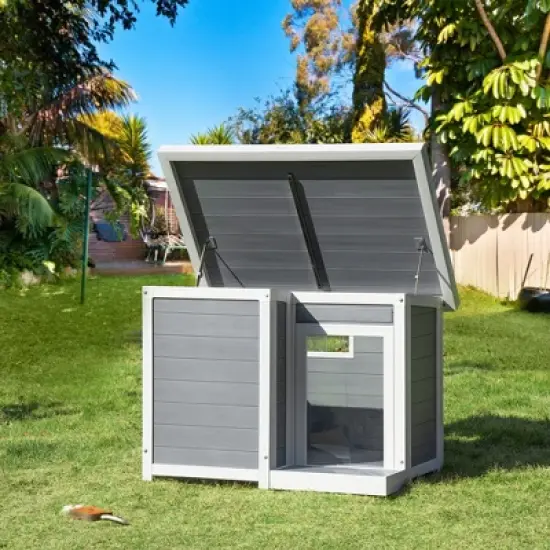 PawHut Dog House Outdoor, Cabin Style Pet Home Cottage, Weather Resistant, with Raised Feet, Terrace, Openable Top, for Medium Sized Dog image {1}
