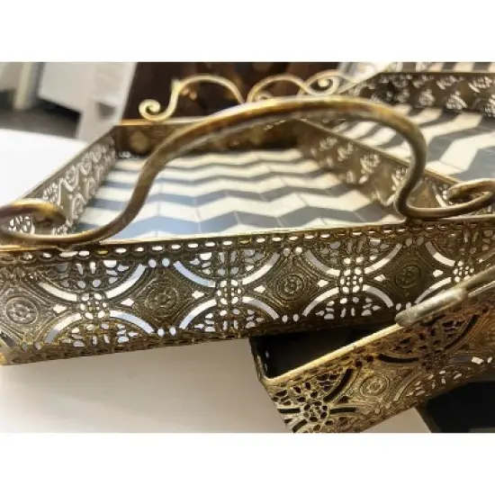 Essential Decor & Beyond Decorative Rectangular Metal Tray With Handle:  Black and White Chevron Pattern - 3PC image {6}