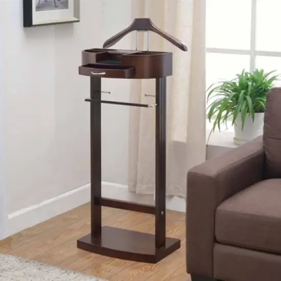Crescent Moon Drawer Top Tray Contour Hanger Trouser Bar Valet Stand Dark Walnut - Proman Products image {1}