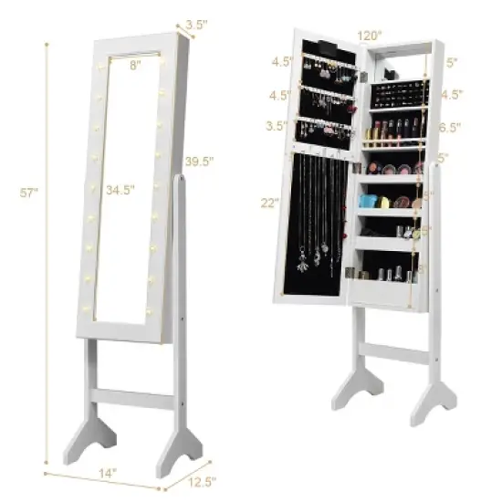 Costway Mirrored Jewelry Cabinet Organizer w/18 LED lights White image {2}