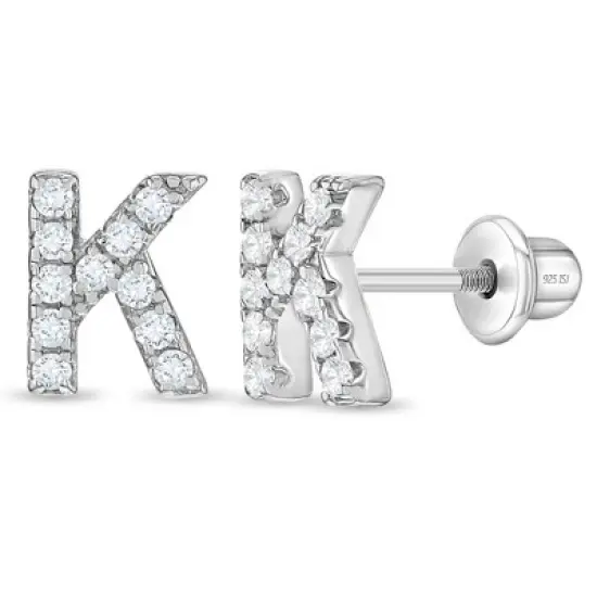 Girl's Cubic Zirconia Letter Initial Screw Back Sterling Silver Earrings - In Season Jewelry image {22}