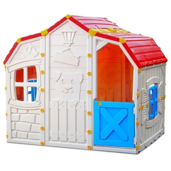 Costway Kids Playhouse Realistic Cottage Playhouse with Openable Windows & Working Door image {9}