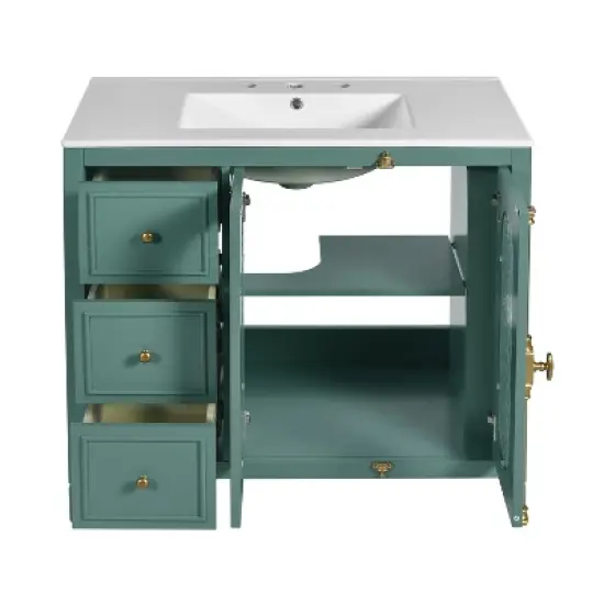 36" Solid Wood Bathroom Vanity with Soft Close Doors, 3 Drawers & Ceramic Sink, White/Lake Green Modern Storage Cabinet - ModernLuxe image {8}