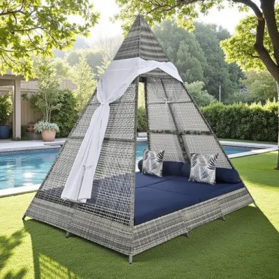 90.5" Outdoor Patio Wicker Triangle Tent Daybed Sunbed with Colorful Pillows and Curtain image {13}
