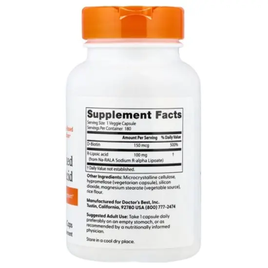 Doctor's Best Stabilized R-Lipoic Acid , 100 mg, 180 Veggie Caps image {1}