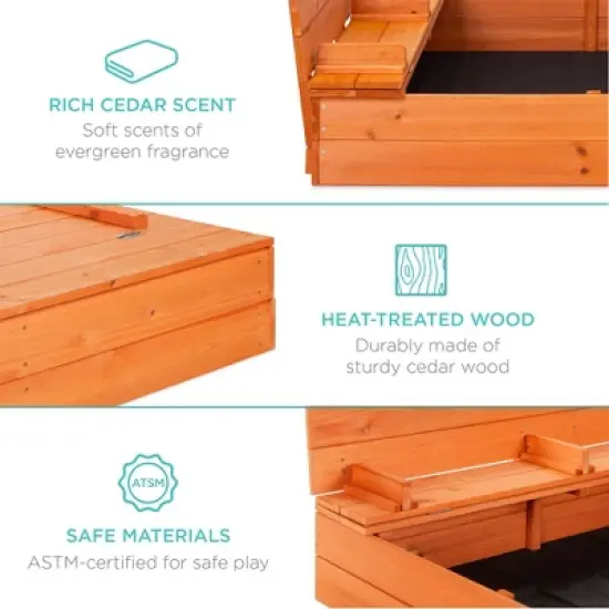 Best Choice Products 47x47-Inch Kids Wooden Outdoor Sandbox w/ 2 Foldable Bench Seats, Sand Protection, Liner - Brown image {3}