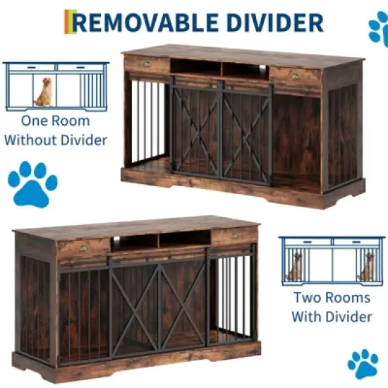 63'' Extra Large Double Dog Crate with Removable Divider, Heavy Duty Dog Kennel Furniture with 2 Drawers, Indoor Pet Cage TV Stand for 2 Pets, Brown image {3}